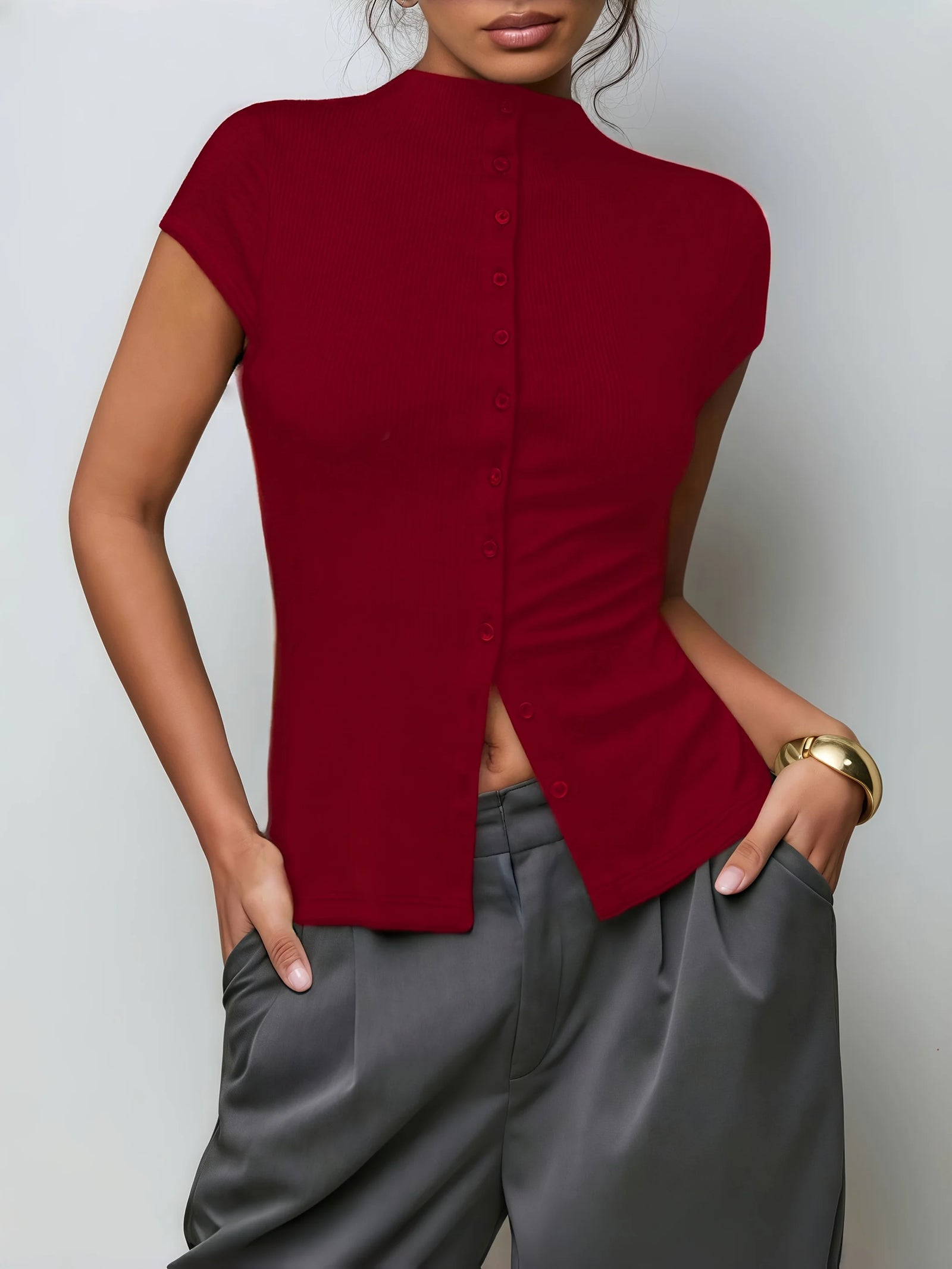 Women's Short Sleeve High Collar Button Front Cardigan