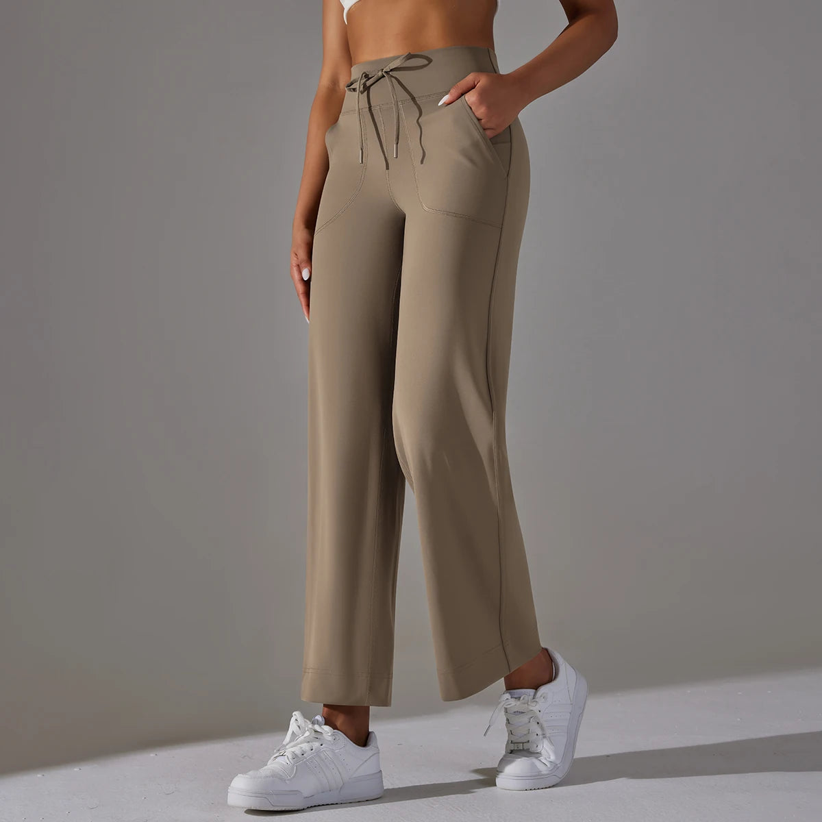 Women's Drawstring Waist Nylon Blend Cropped Wide Leg Pants with Side Pockets