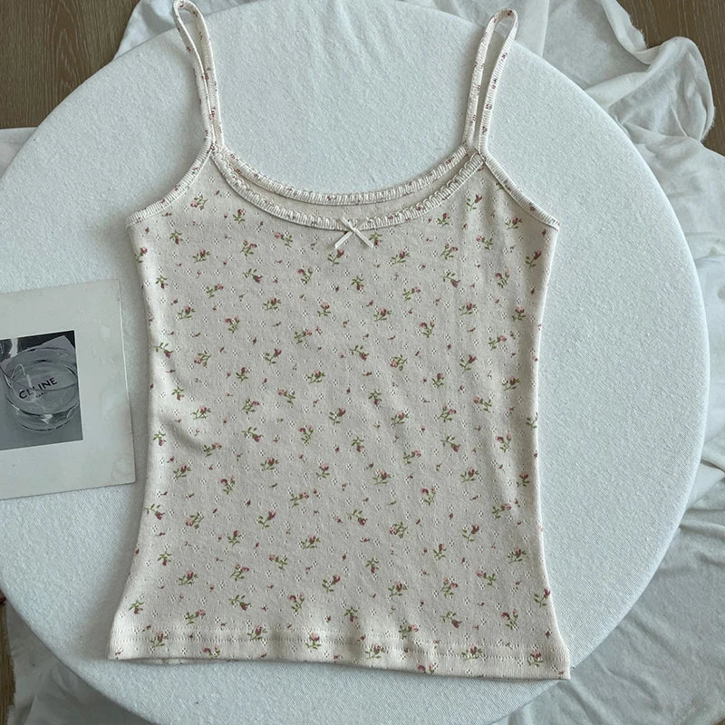Women's Lace Trim Cotton Camisole with Bow Detail and Multiple Pattern Options