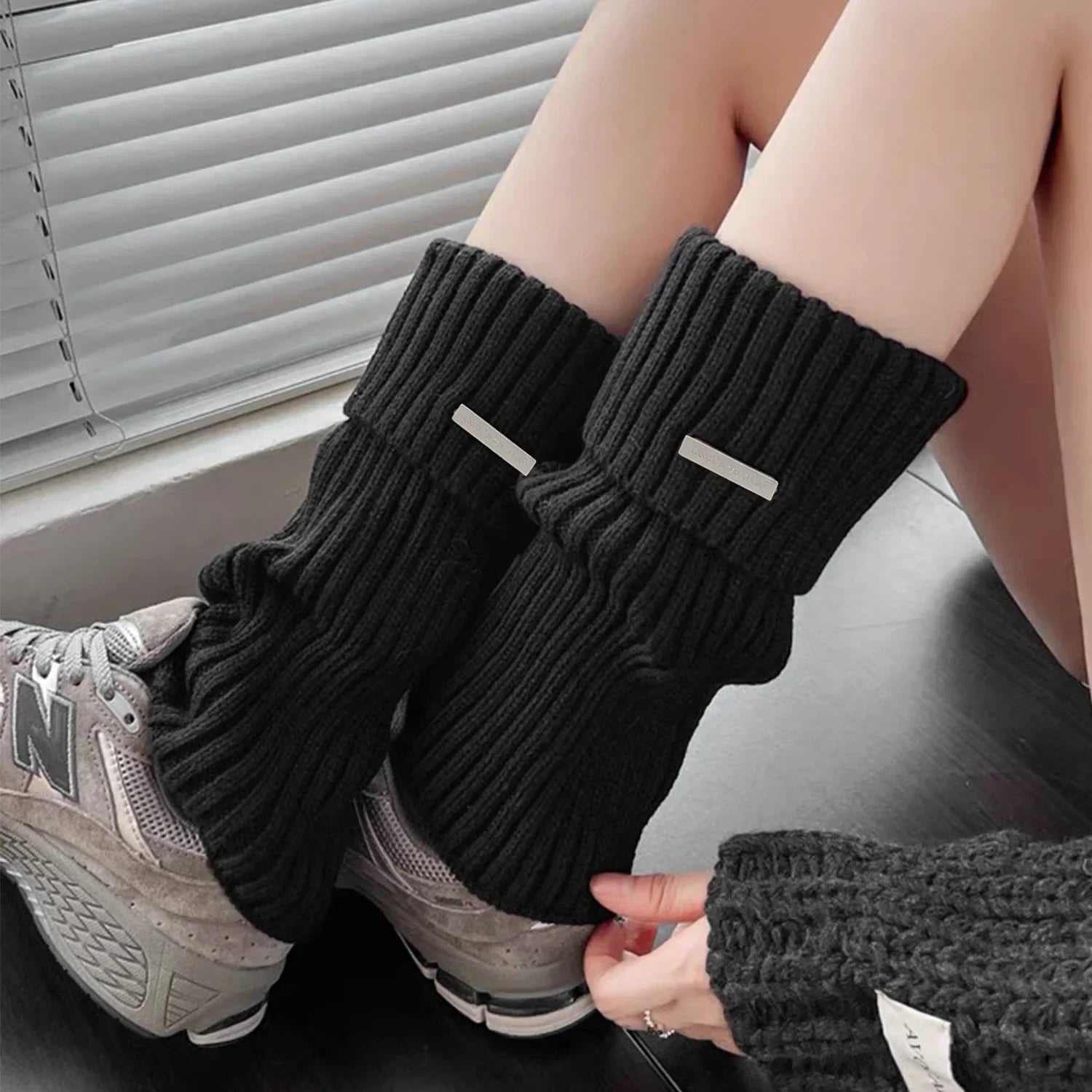 Solid Ribbed Leg Warmers with Small Metal Label Details