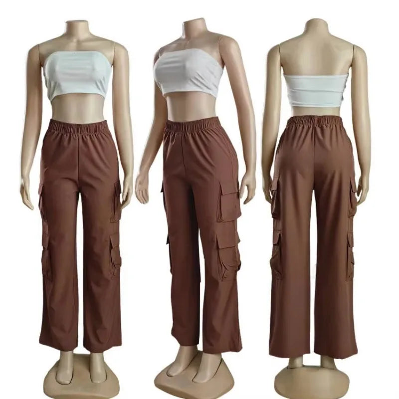 Women's Straight Cargo Pants with Elastic Waist and Large Side Pockets