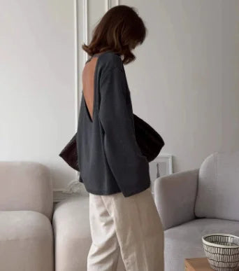 Women's Open Back Strap Batwing Sleeve Sweater Casual Knit Layer