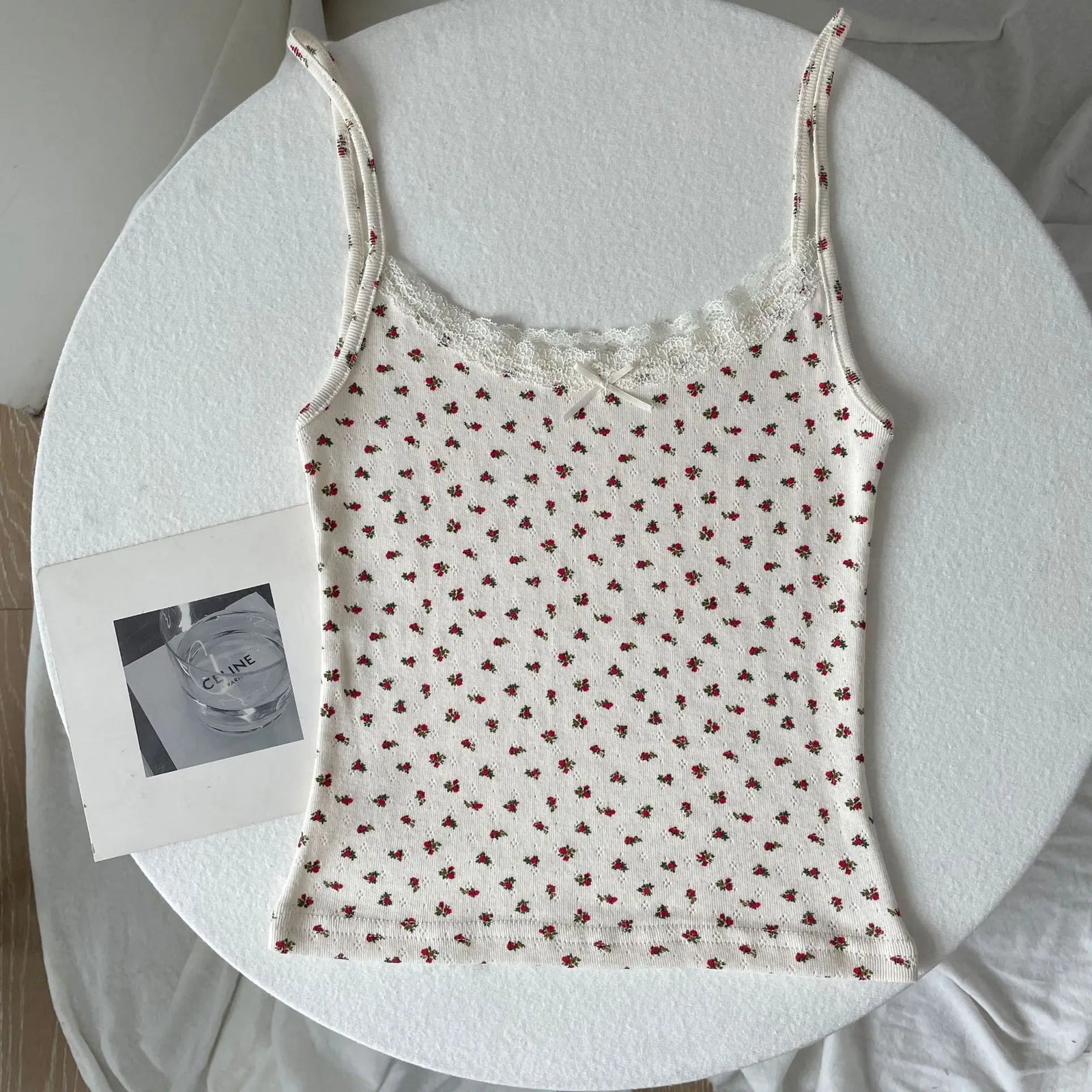 Women's Lace Trim Cotton Camisole with Bow Detail and Multiple Pattern Options