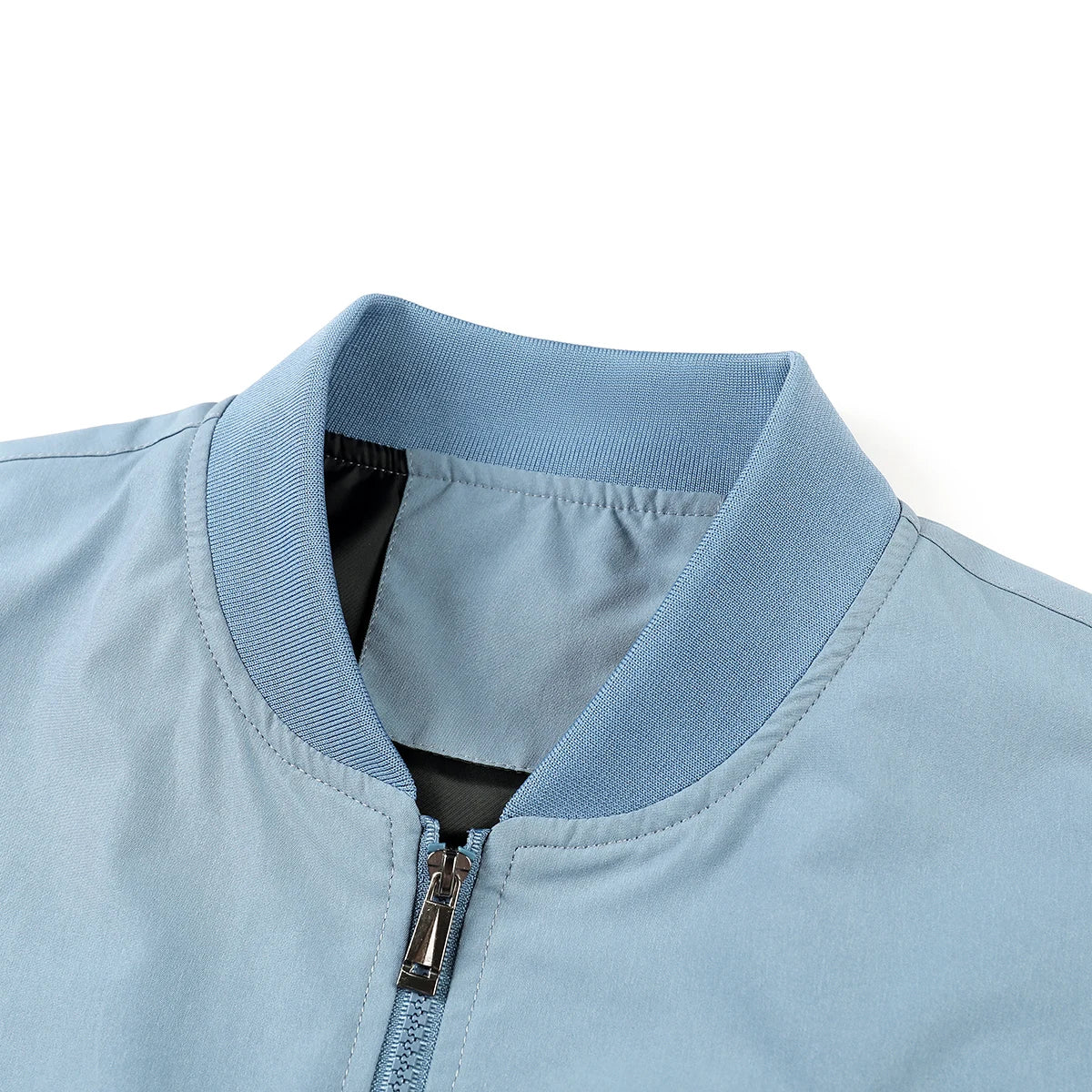 Men's Blue Polyester Long-Sleeve Zip-Front Bomber Jacket for Casual Everyday Layered Outfits