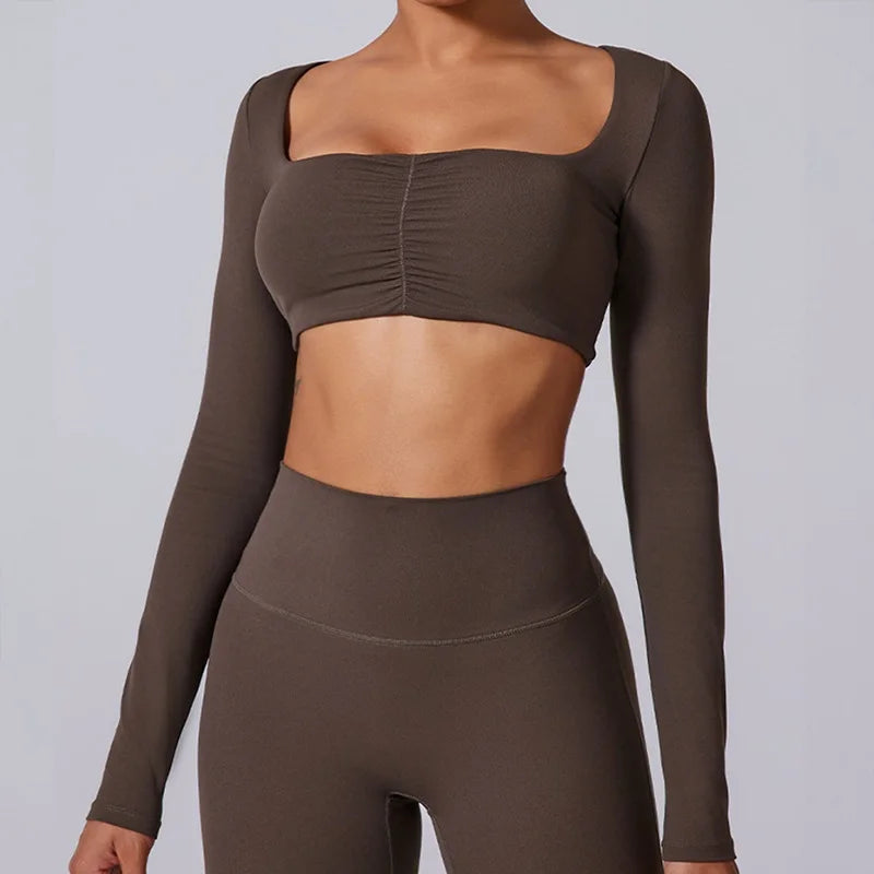 Women's Long-Sleeve Crop Top and Flared Pants Workout Set