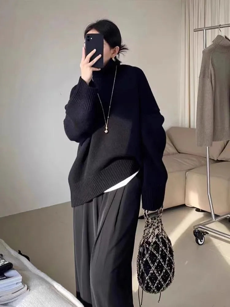 100% pure cashmere sweater for women high-neck sweater loose and thickened silhouette sweater