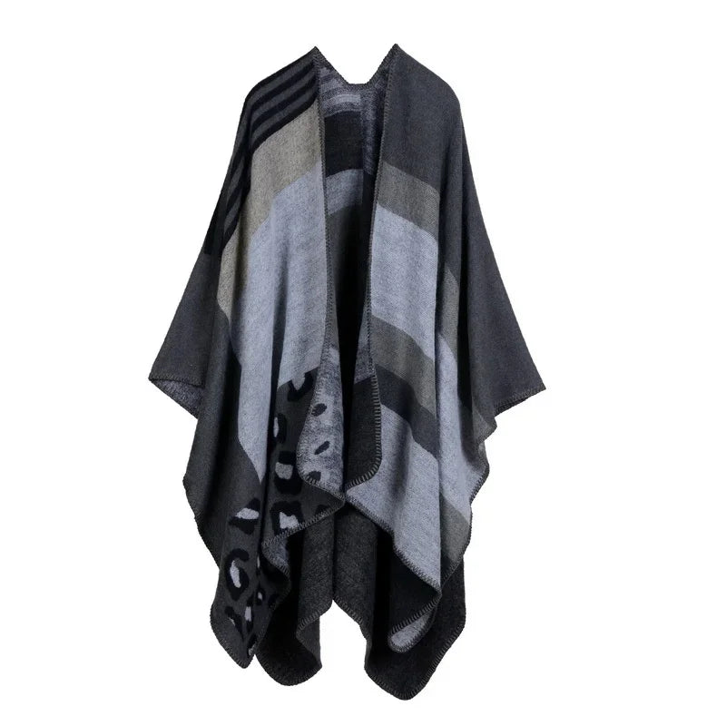 Patterned Fringed Open Front Poncho for Layering over Outfits