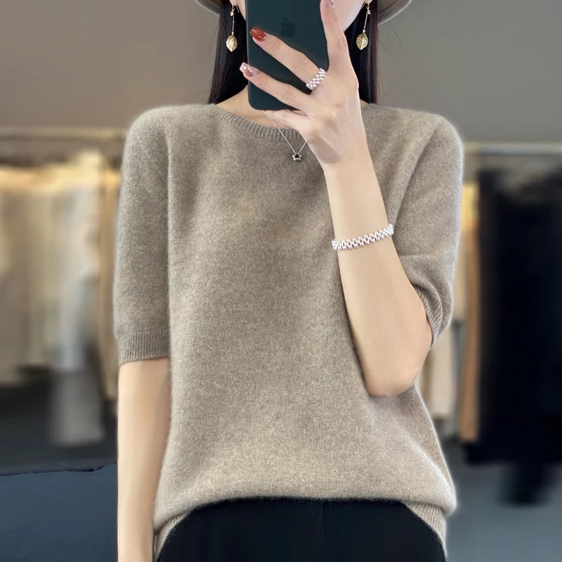 Women's Crew Neck Short Sleeve Sweater Casual Knit Layer
