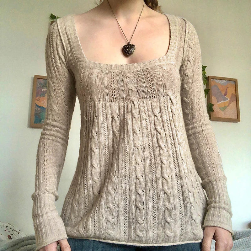 Women's Square Neck Lace Knit Sweater Casual Knit Layer