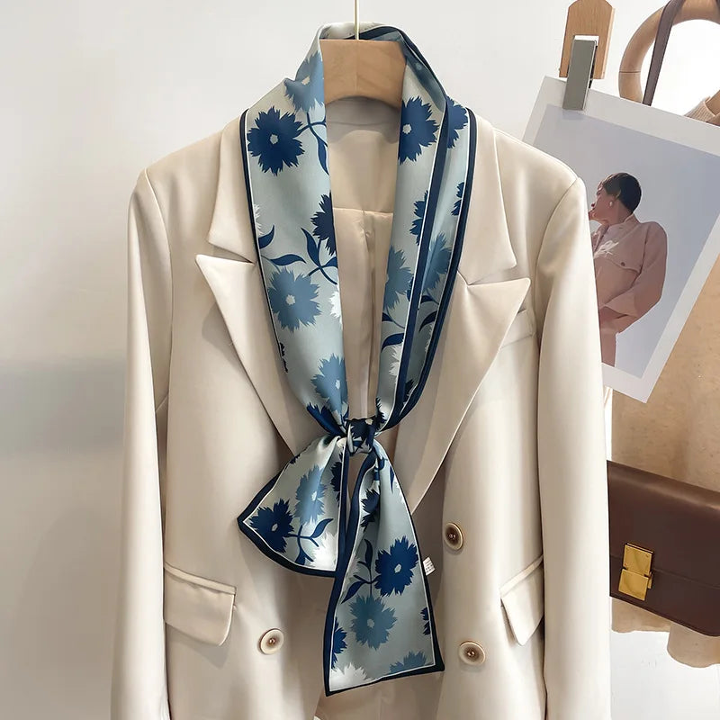 Printed Long Narrow Scarf with Decorative Ribbon Shape