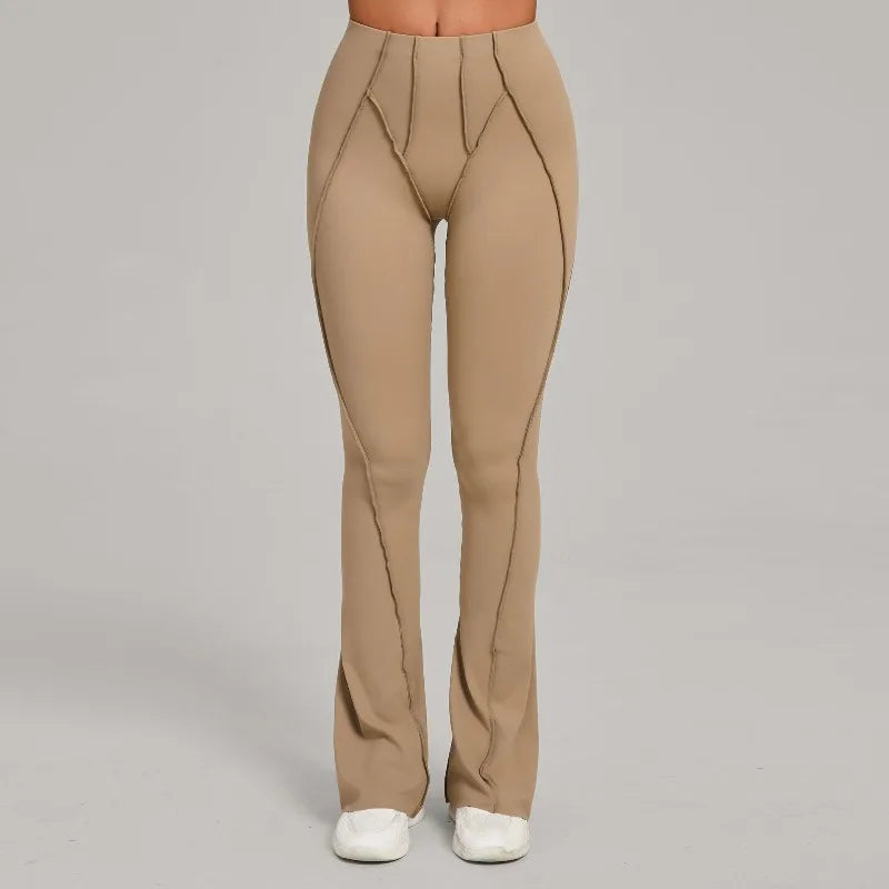 Women's High Waist Nylon Blend Flared Workout Pants with Contoured Seam Details