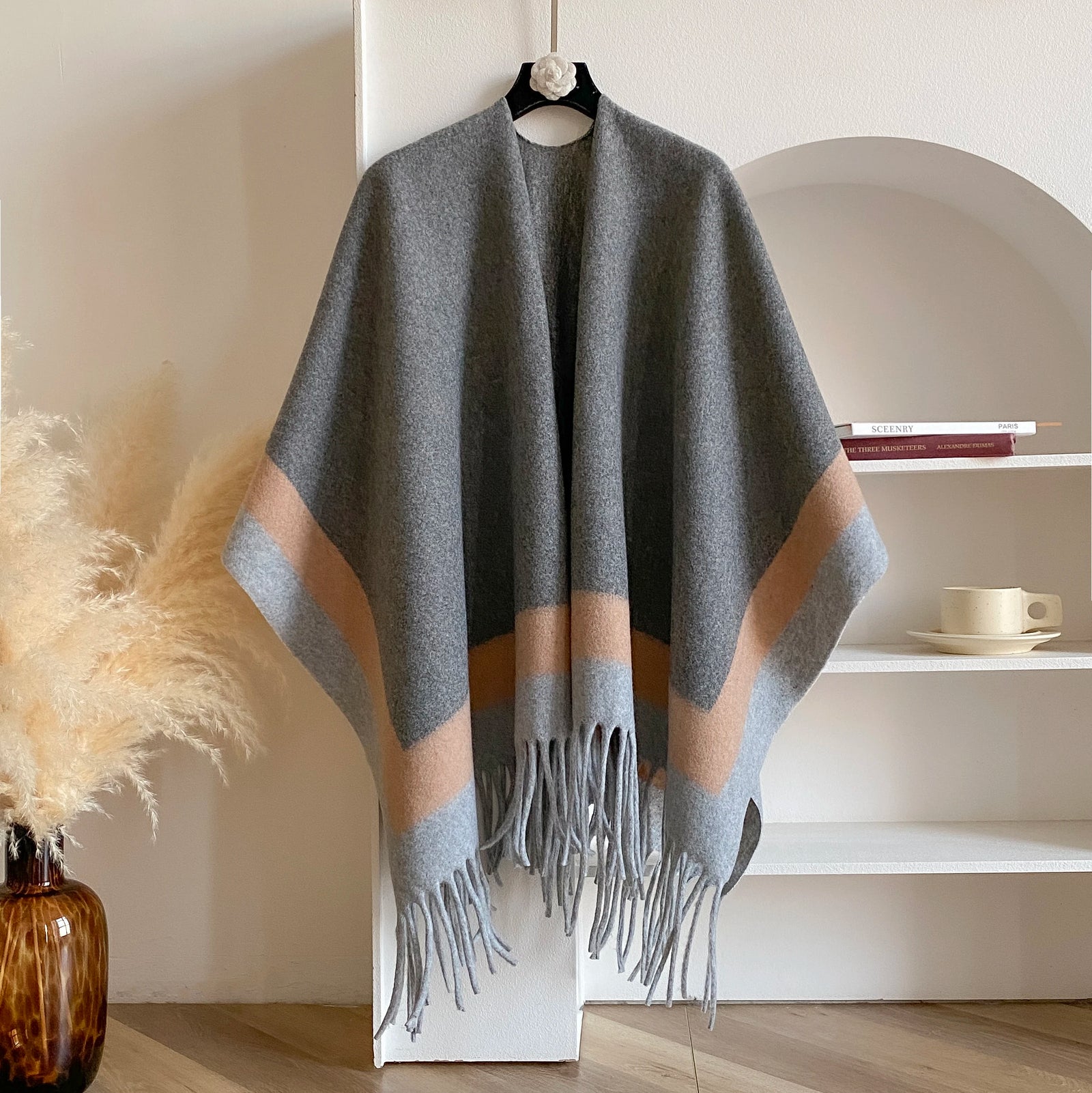 Block Stripe Fringe Poncho for Layering over Outfits