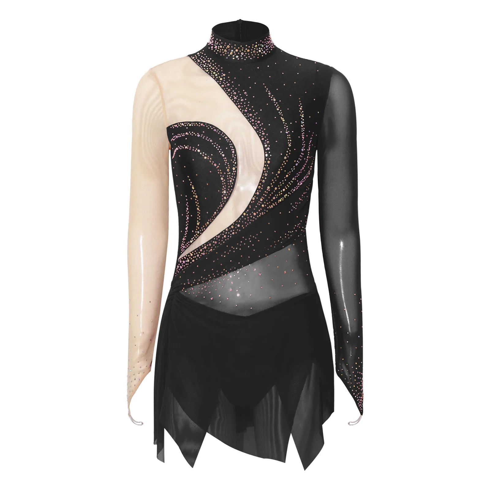 Women's Long Sleeve Rhinestone Dance Dress with Mesh and Open Back