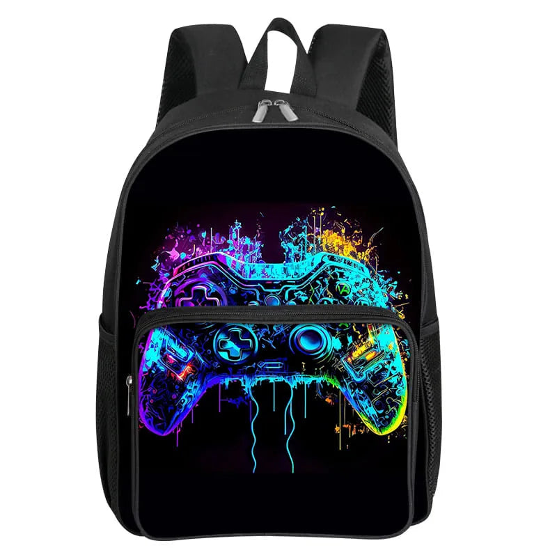 Children's Gamepad Print Backpack with Front Pocket and Twin Shoulder Straps