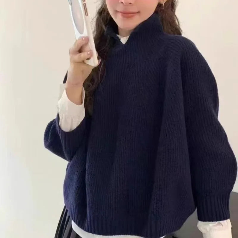 Half-open high-neck three-quarter sleeve cashmere sweater women loose cashmere sweater for autumn and winter thickened sweater