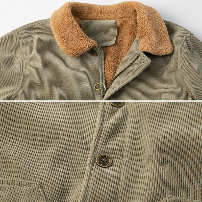 Men's Winter Corduroy Jacket Warm Fleece Lined Cargo Work Coat Casual Thick Sherpa Collar Trucker Deck Navy Jackets