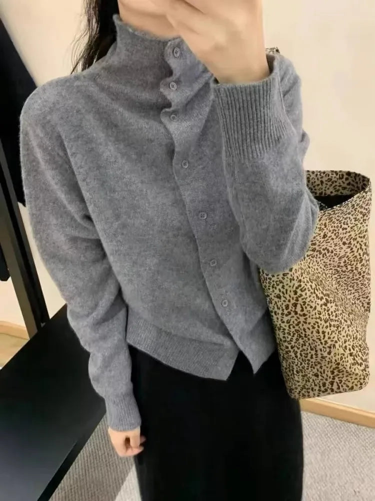French-style high-neck 100 pure cashmere knitted cardigan for women's autumn and winter loose sweater with wool base coat