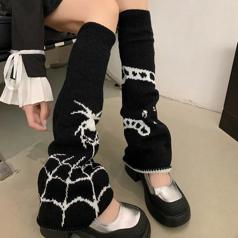 Patterned Knit Leg Warmers with Spiderweb and Heart Designs