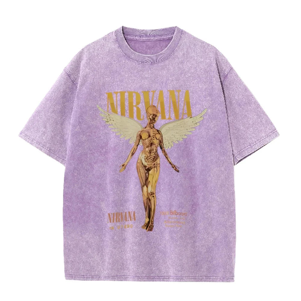 Vintage Distressed Washed Tee Nirvana Grunge Rock Silver Angel Skeleton Print Loose Fit Short Sleeve T Shirts