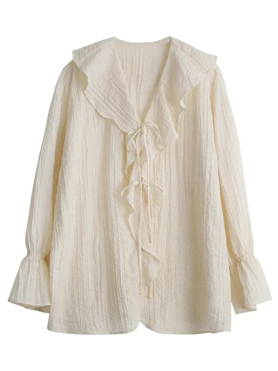 Women's Ruffled V Neck Blouse with Flared Cuffs