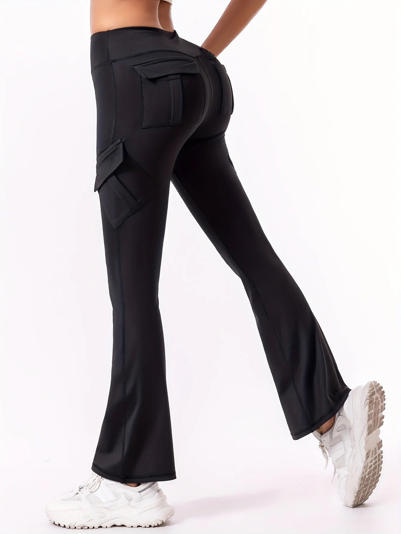 Women's Black Flared Pants with Back Pockets and Fitted Upper Legs