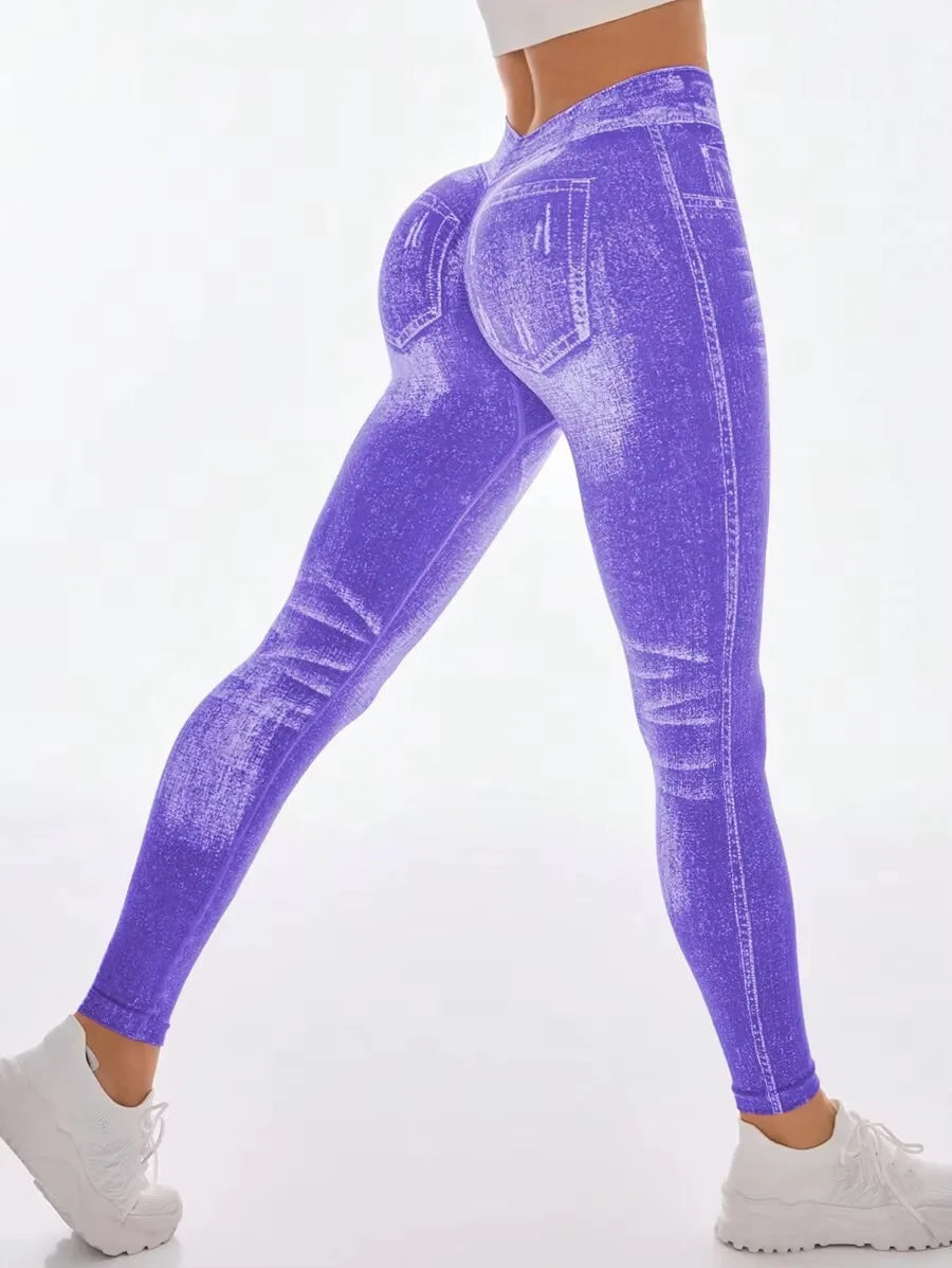 Women's Denim Look Full Length Leggings For Workout Outfits