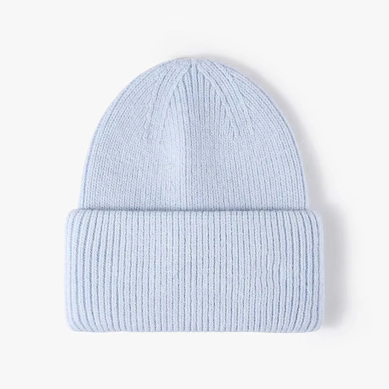 Solid Ribbed Knit Beanie with Wide Folded Cuff