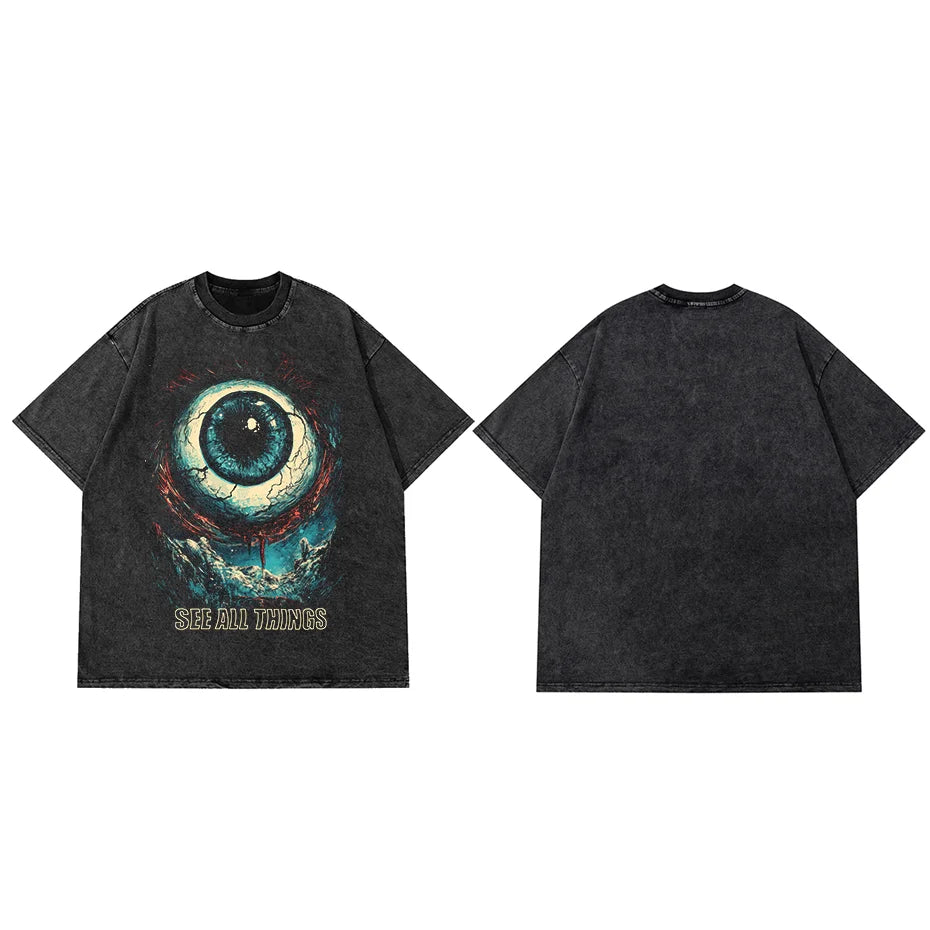 Hip Hop Retro Washed Black T-Shirt Streetwear Big Eyeball Graphic T Shirt Cotton Unisex Tshirt Men Tops Tees Dope Y2K
