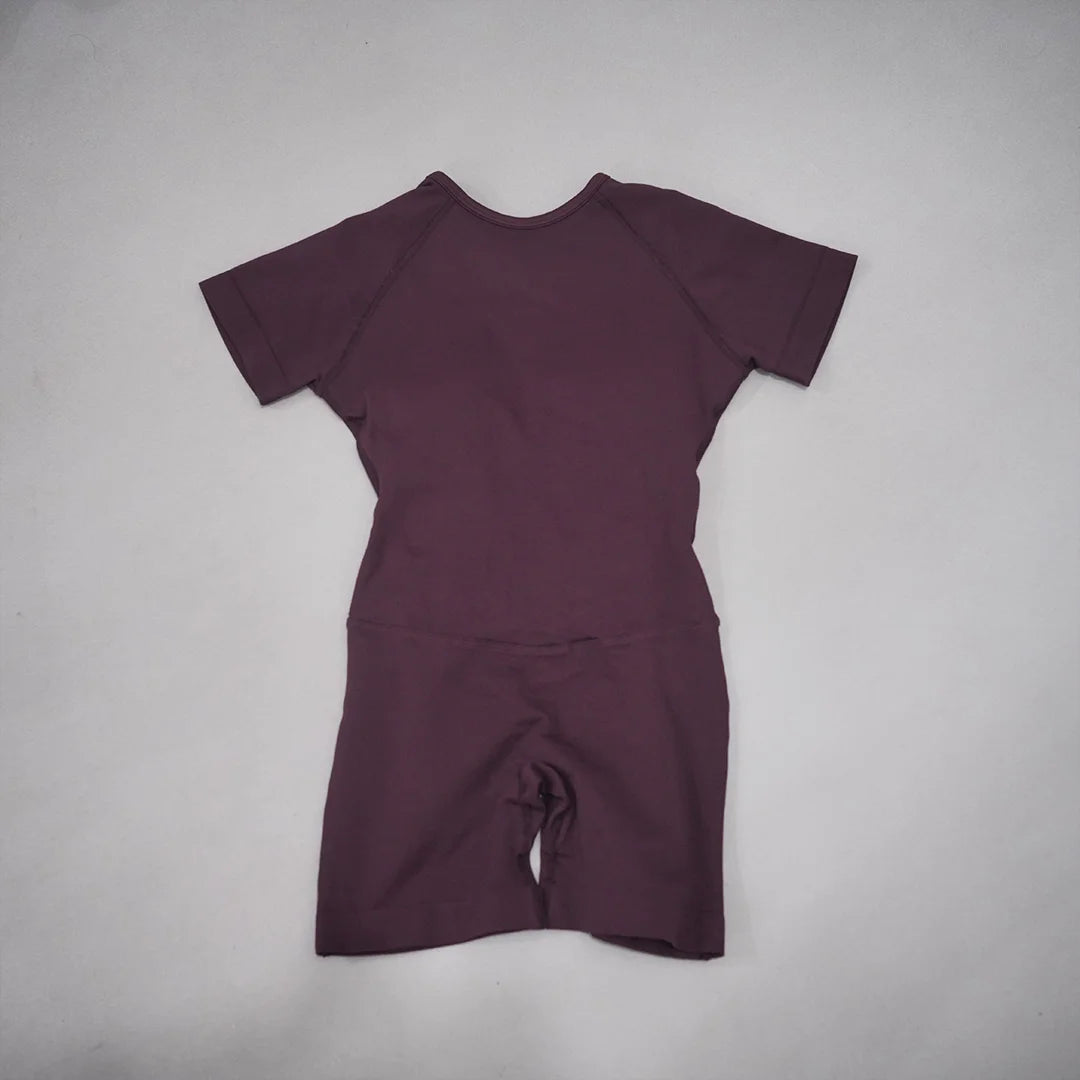 Women's Short Sleeve Nylon Blend Workout Romper with Open Back