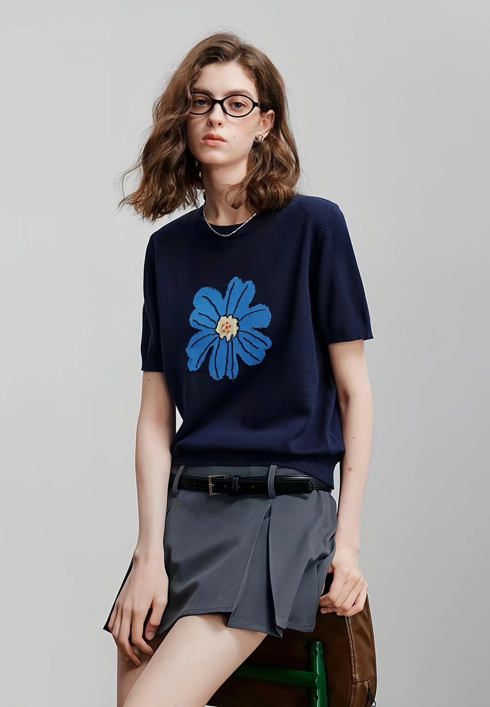 Stylish large-flower jacquard round-neck knitted short-sleeved women's loose ice silk T-shirt and thin top