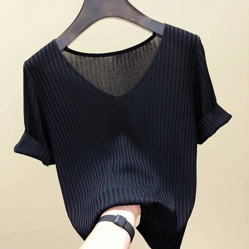 Women's V Neck Short Sleeve Sweater Casual Knit Layer