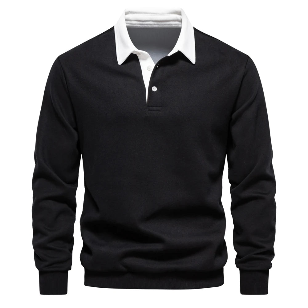 Men's Polo-Collar Long-Sleeve Button-Neck Sweatshirt