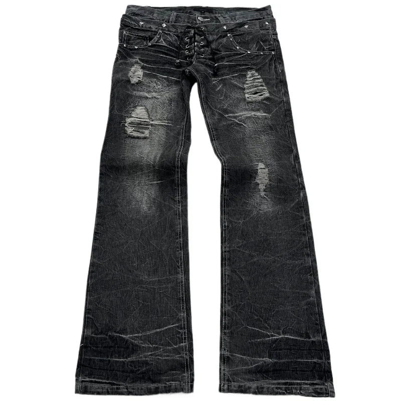 Women's Lace Double Waist Distressed Flared Denim Jeans