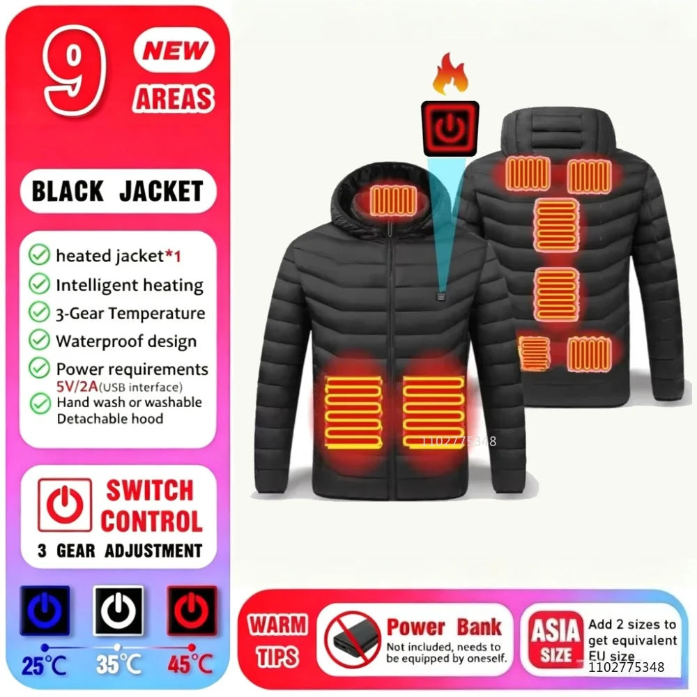 USB Heated Hooded Full Zip Long Sleeve Outdoor Jacket