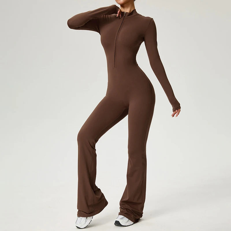 Women's Long Sleeve Nylon Blend Flared Workout Jumpsuit with Zip Collar