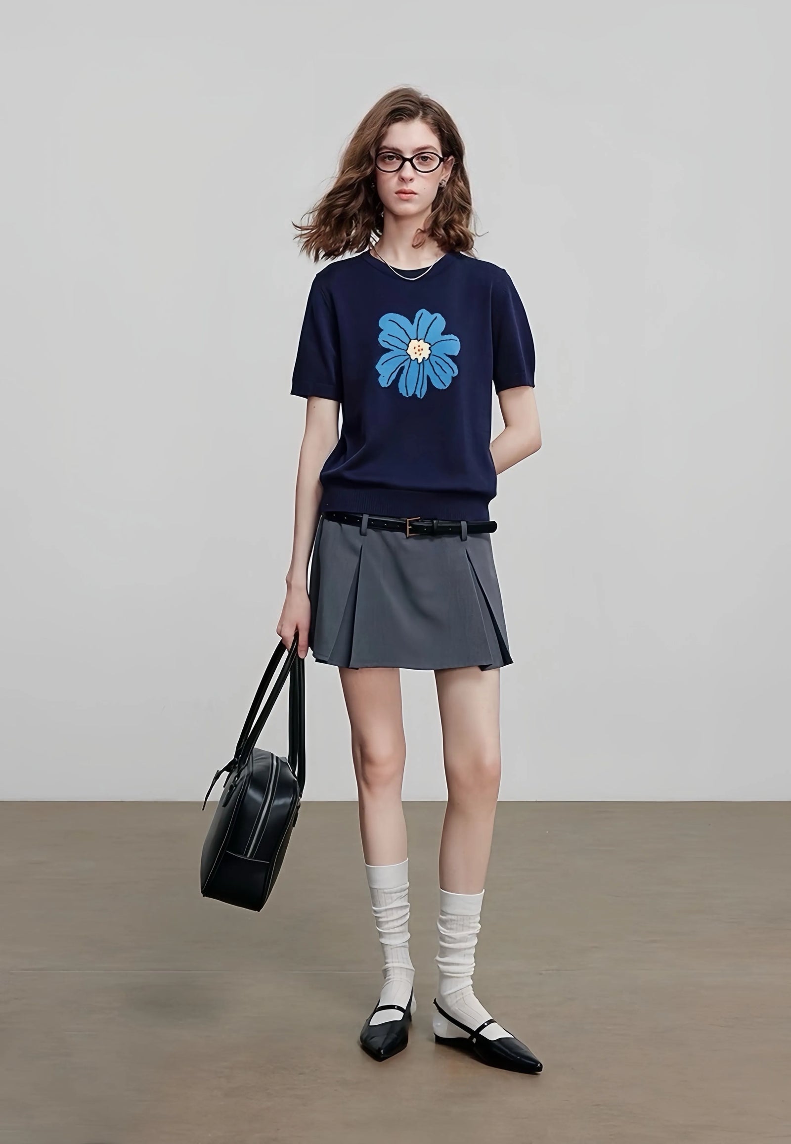 Stylish large-flower jacquard round-neck knitted short-sleeved women's loose ice silk T-shirt and thin top