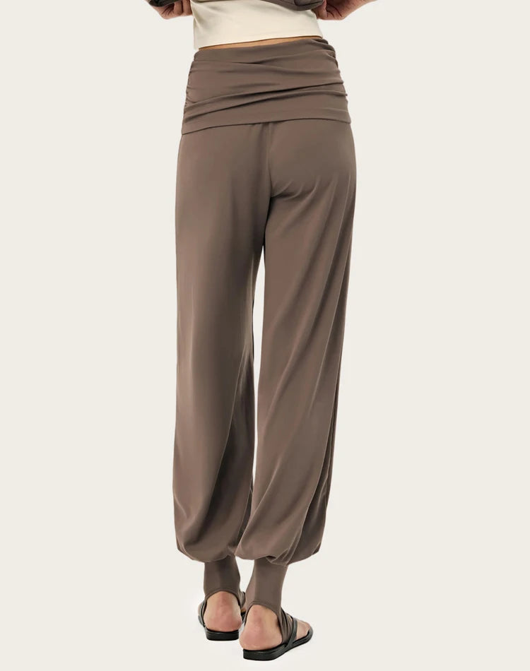Women's Fold Over Waist Nylon Blend Harem Pants with Loose Legs