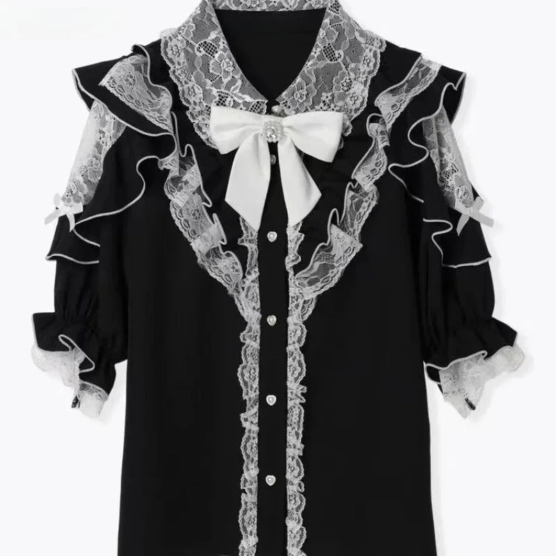 Women's Bow Front Ruffled Short Sleeve Blouse