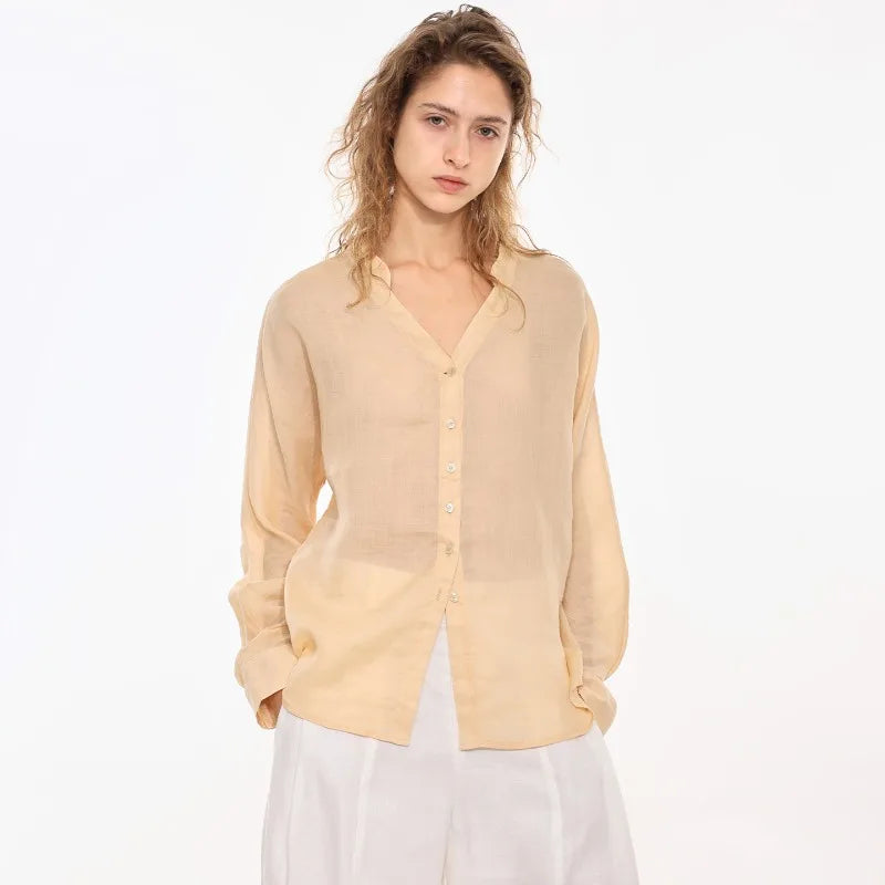 Women's Ramie Long-Sleeve V-Neck Button-Up Shirt with Loose Fit for Casual Outfits