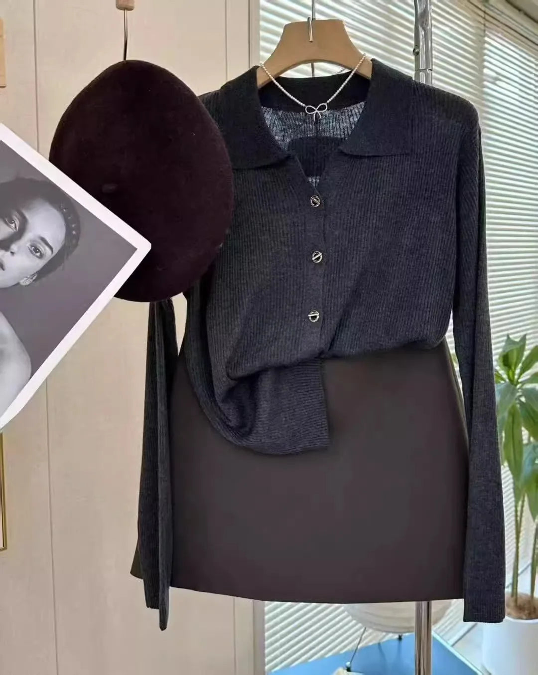 POLO lapel cashmere knit cardigan women's spring and autumn thin loose sweater short wool coat