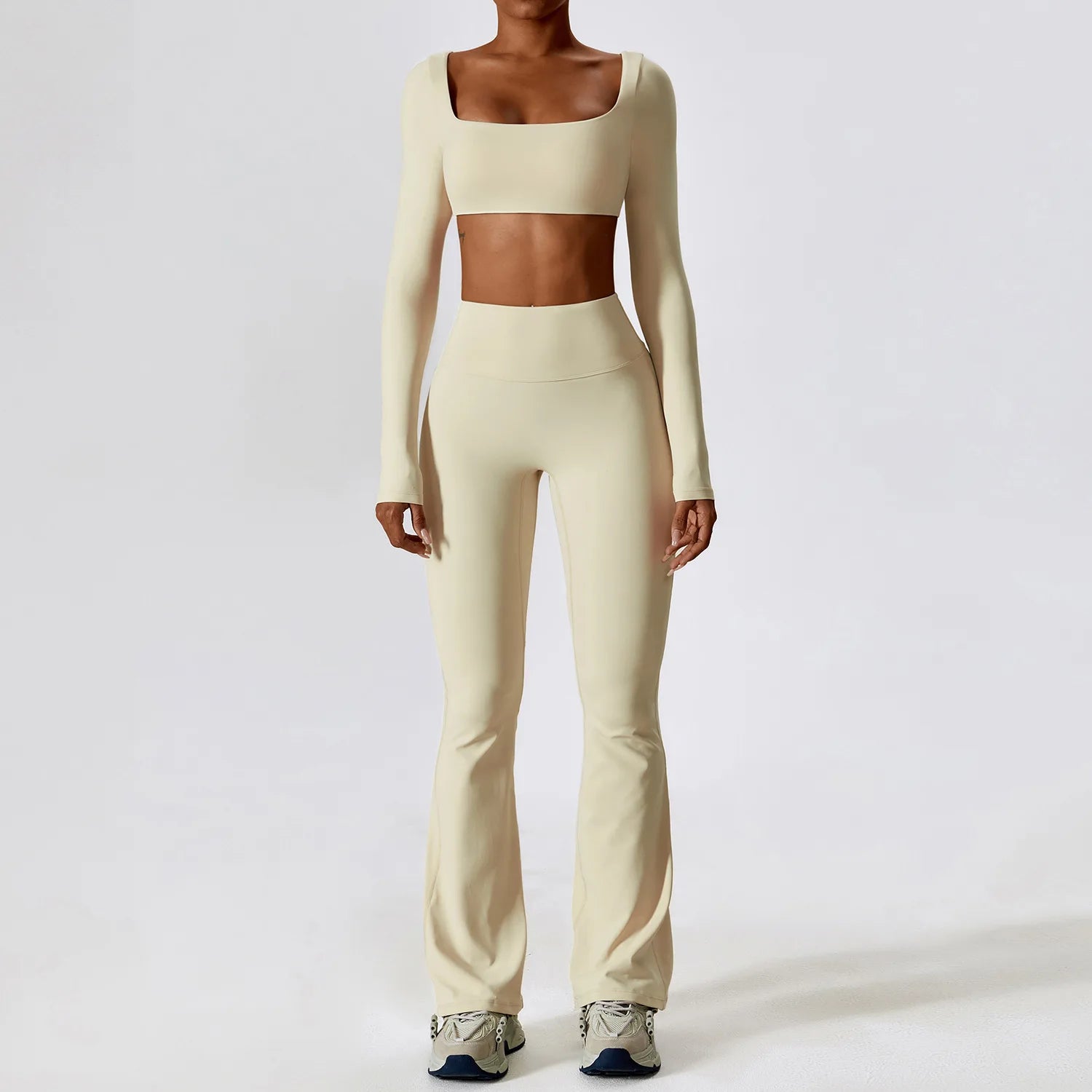Women's Crop Top Sleeve Layer And Flared Pants Yoga Set