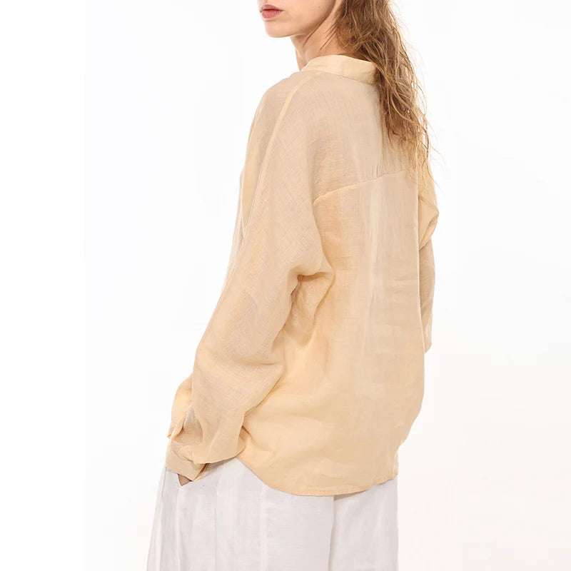 Women's Ramie Long-Sleeve V-Neck Button-Up Shirt with Loose Fit for Casual Outfits