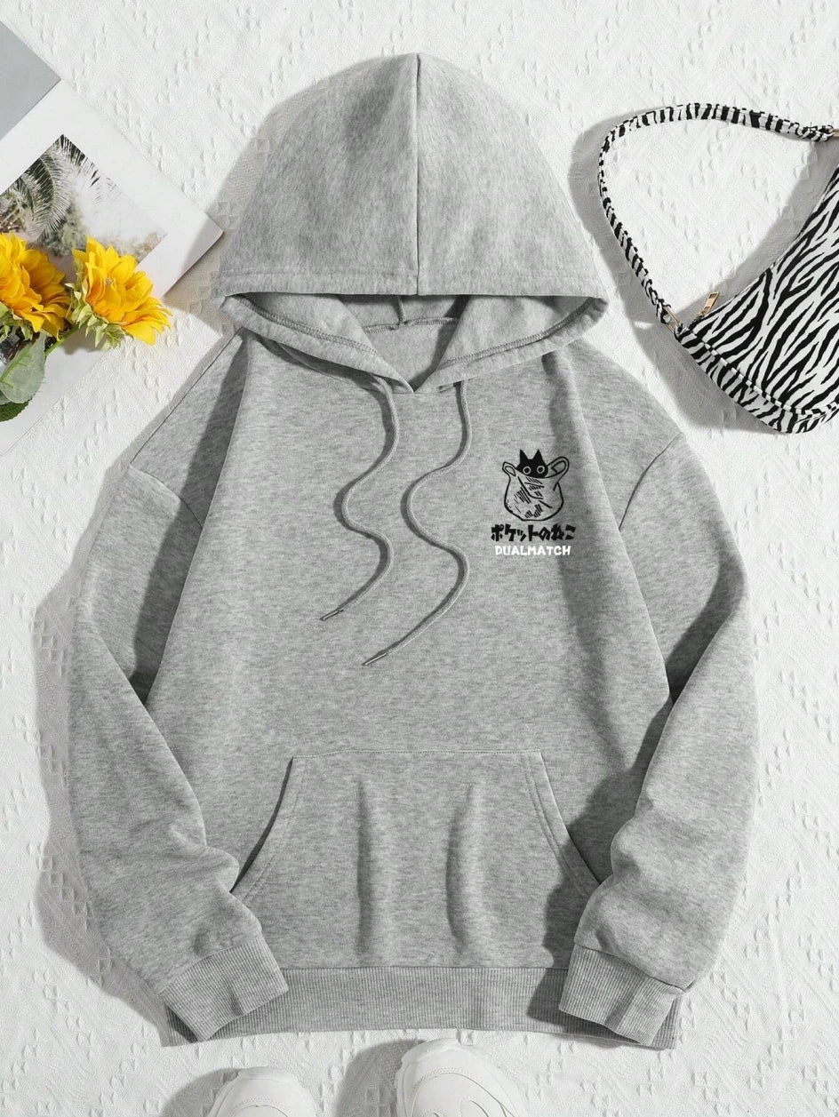 Cat Graphic Long Sleeve Pullover Casual Hoodie for Layering