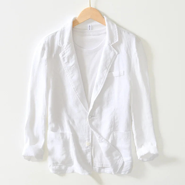 Men's Linen Single-Breasted Notched-Lapel Blazer with Long Sleeves for Smart Casual Outfits