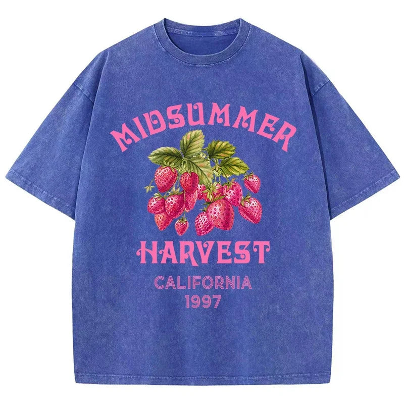 Men's Cotton T-shirt Strawberry Printed Washed T-shirt Comfortable Round Neck Top Men's Summer Clothing