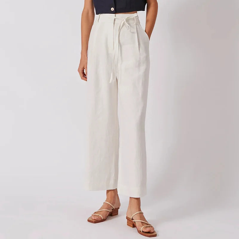 Women's Linen High-Waist Wide-Leg Pants with Tie Detail for Casual Everyday Outfits