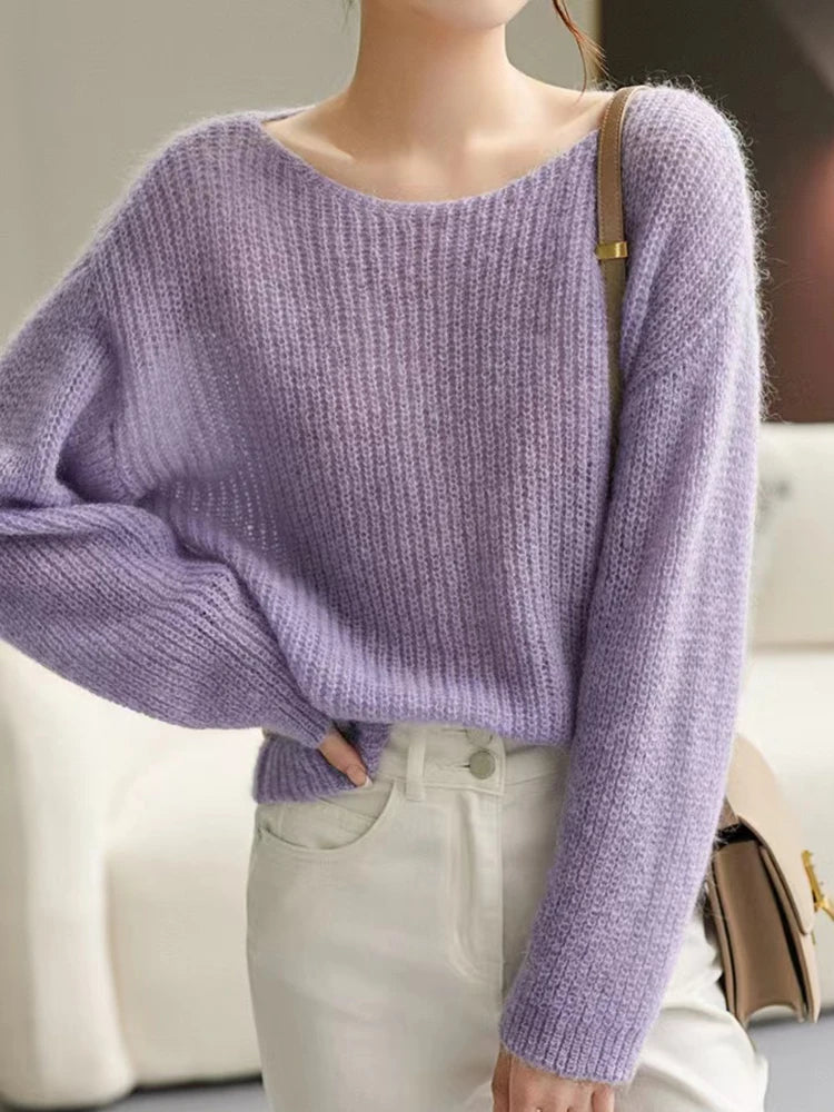Women's Sheer Open Knit Crew Neck Sweater Casual Knit Layer