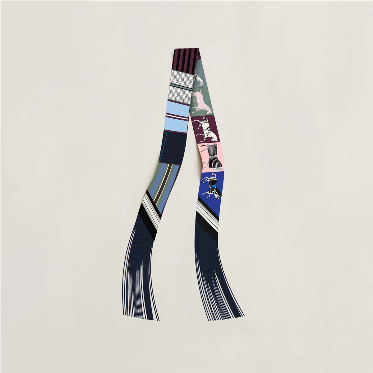 Printed Narrow Ribbon Scarf with Decorative Fringed Ends
