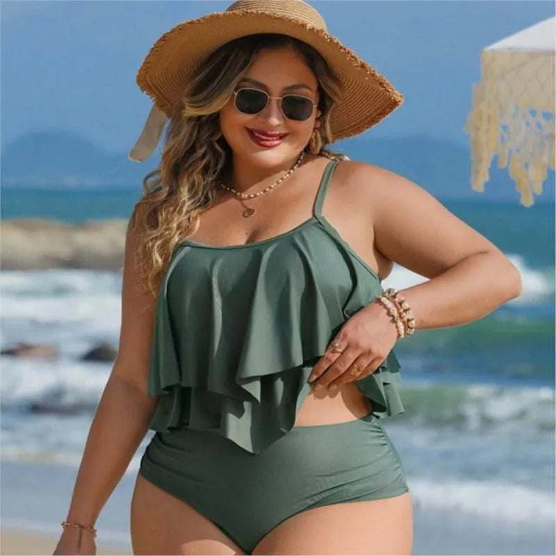 Women's Ruffle Overlay Strappy Swimwear with Side Cutout Detail