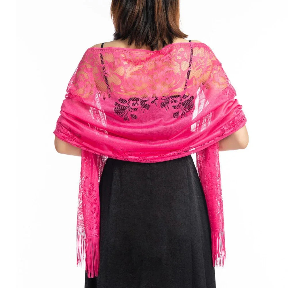 Floral Lace Fringed Wrap Scarf for Layering over Outfits